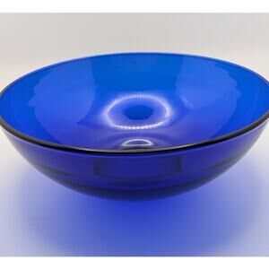 Cobalt Blue Glass Bowl 8 Inch Round 3 Inch Tall Vintage MCM Style Serving Fruit